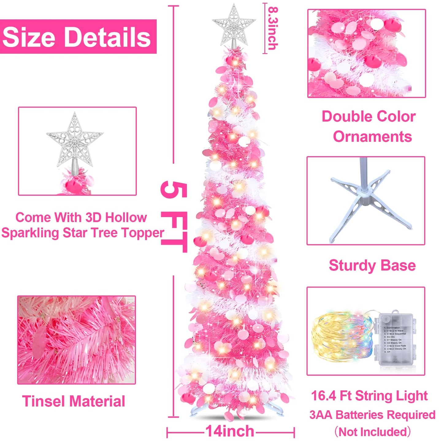 TURNMEON Dual Color Change&Timer 5 Ft Pop Up Christmas Tree, 8 Modes 50 Warm Lights&Colored Lights Star, Glitter Slim Tinsel Pencil Christmas Tree Battery Operated Xmas Tree Indoor Home(Pink White)