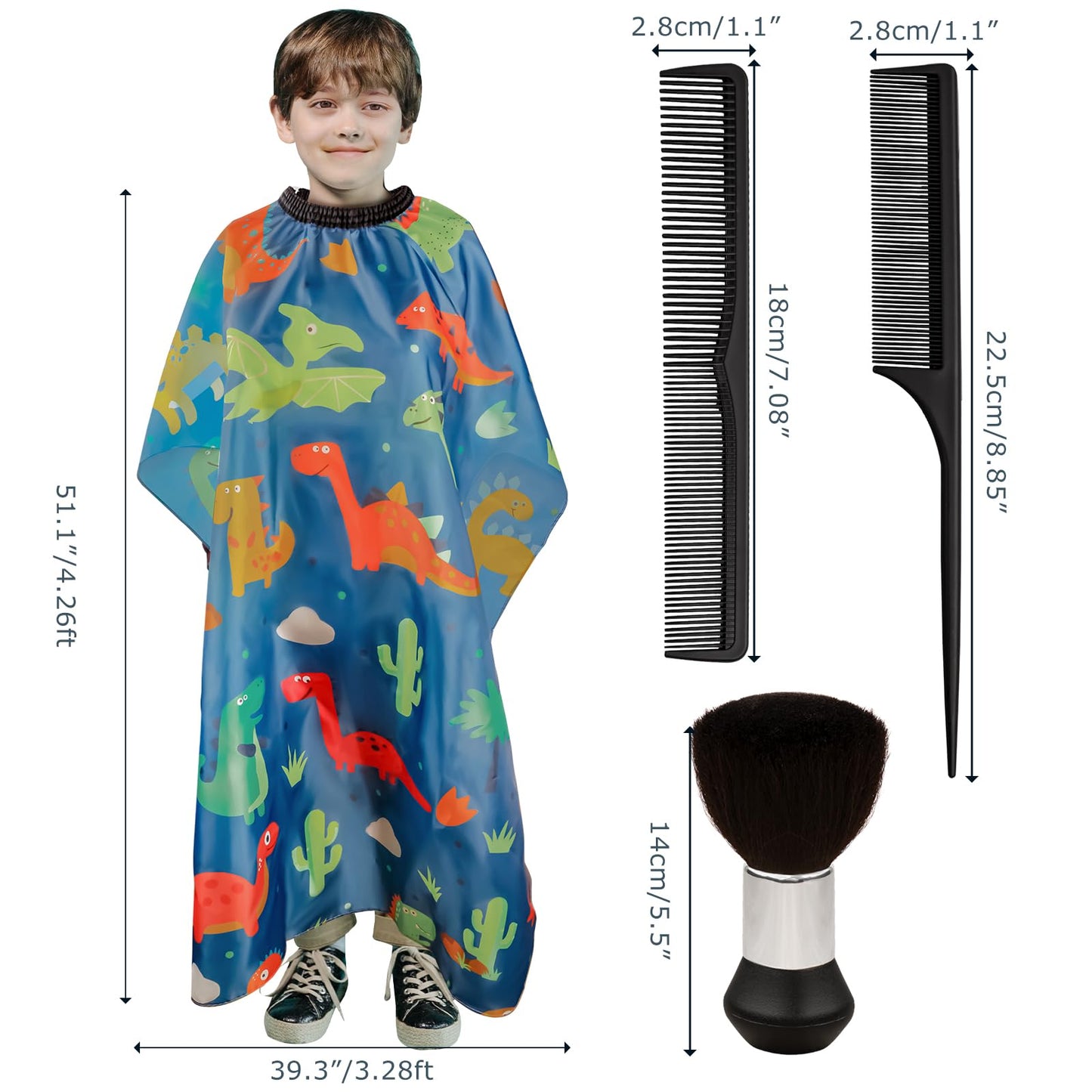 Flagsky Kids haircut cape and Neck Duster Brush Hair Comb Set,hair cutting cape with Adjustable Closure barber cape (Blue Cartoon Dinosaur)