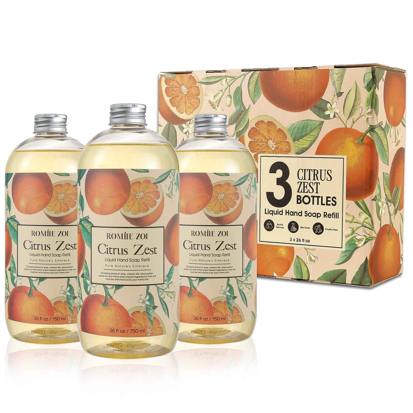 ROMIIE ZOI Liquid Hand Soap Refill Gift Set – 3 Pack (26 Fl Oz Each), Citrus Zest Scent – Moisturizing, Biodegradable & Cruelty-Free Formula with Essential Oils for Sensitive Skin