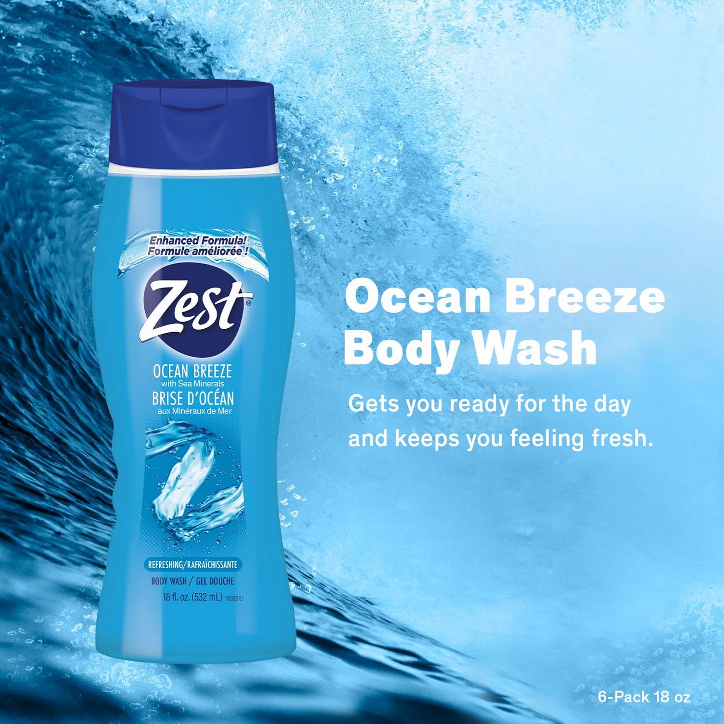 Zest Ocean Breeze Body Wash - Enriched with Sea Minerals - Rich Lathering Cleansing Body Wash Leaves Your Skin Feeling Smooth and Moisturized With an Invigorating Scent, 18 Fl Oz (Pack of 6)