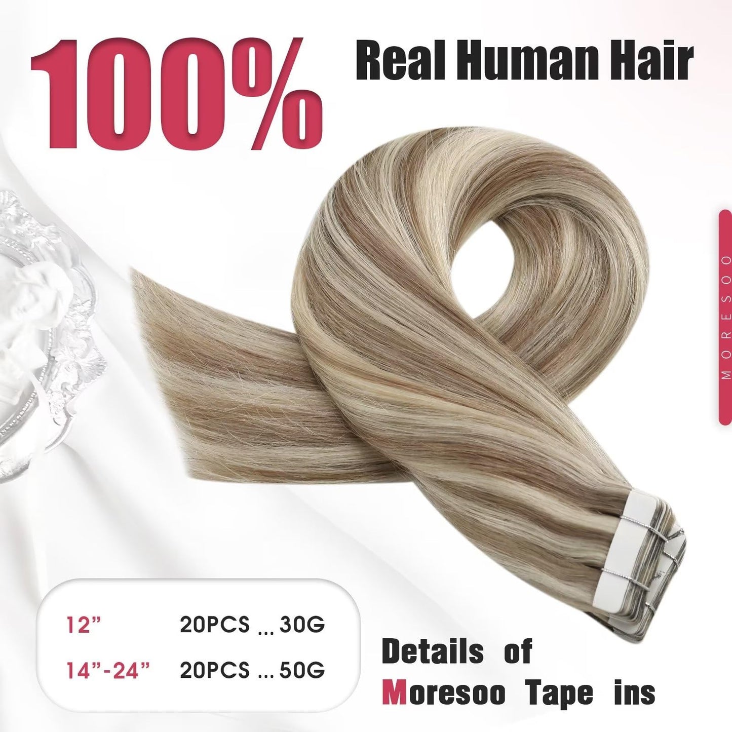 Moresoo Tape in Extensions Human Hair Highlighted Blonde Tape in Hair Extensions Light Brown Highlighted with Blonde Hair Extensions Real Human Hair Tape in Blonde Hair 22 Inch #P9A/60 20pcs 50g