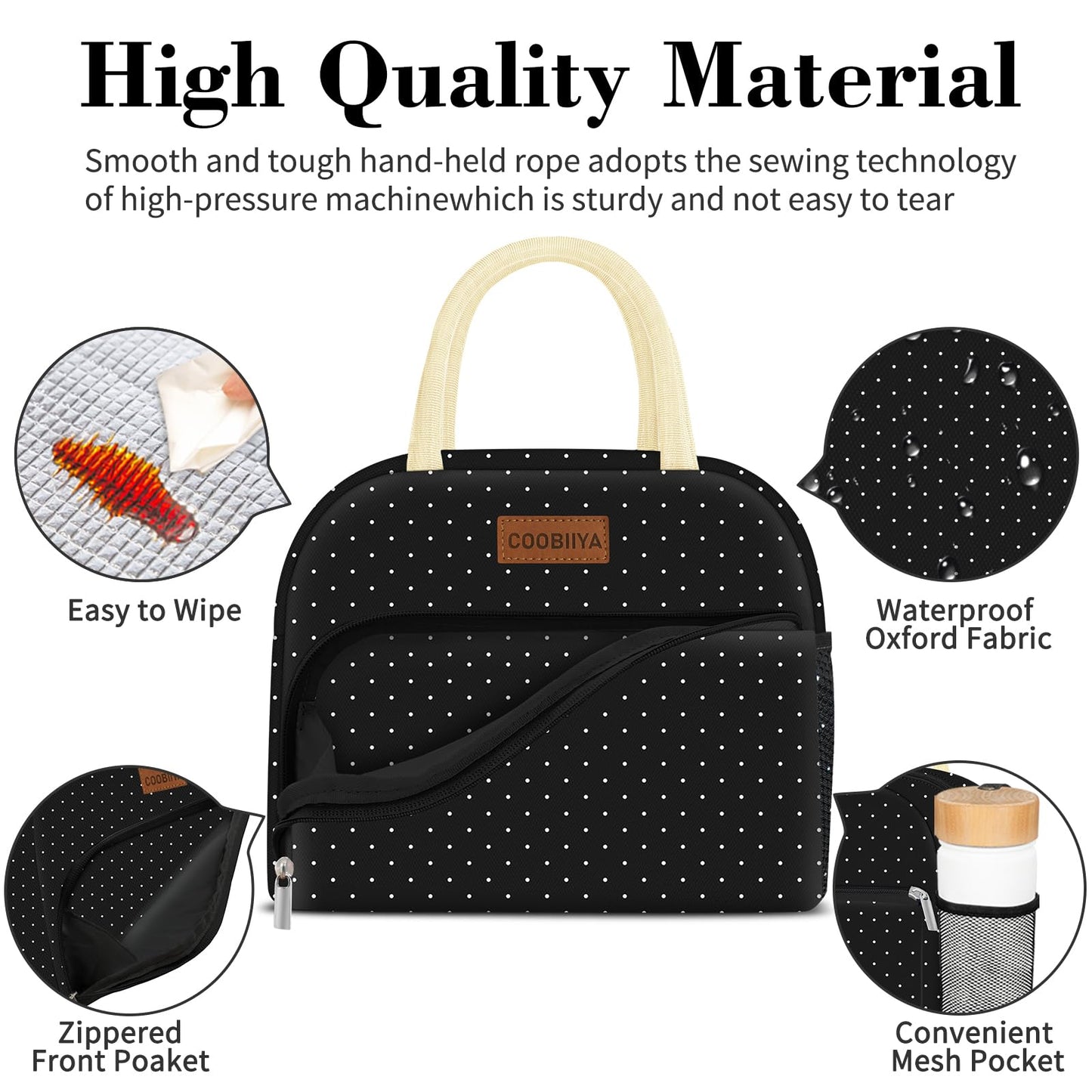 Coobiiya Lunch Bag Women,Lunch Box LunchBag for Women Adult Men, Small Leakproof Cute Lunch Tote Large Capacity Reusable Insulated Cooler Lunch Container for Work/Office/Picnic/Travel-Black Polka Dot