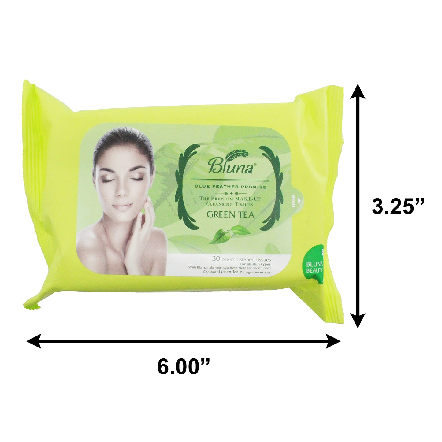 Bluna Facial Make-Up Cleansing Tissue for All Skin Types, Green Tea, 30ct per pack (6 PACK)