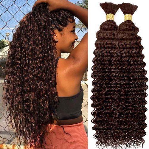 Human Braiding Hair for Boho Braids 100g 16 Inch Chocolate Brown Curly Boho Hair for Braiding Knotless 12A Deep Wave Bulk Bohemian 2 Bundles/Pack Color 4