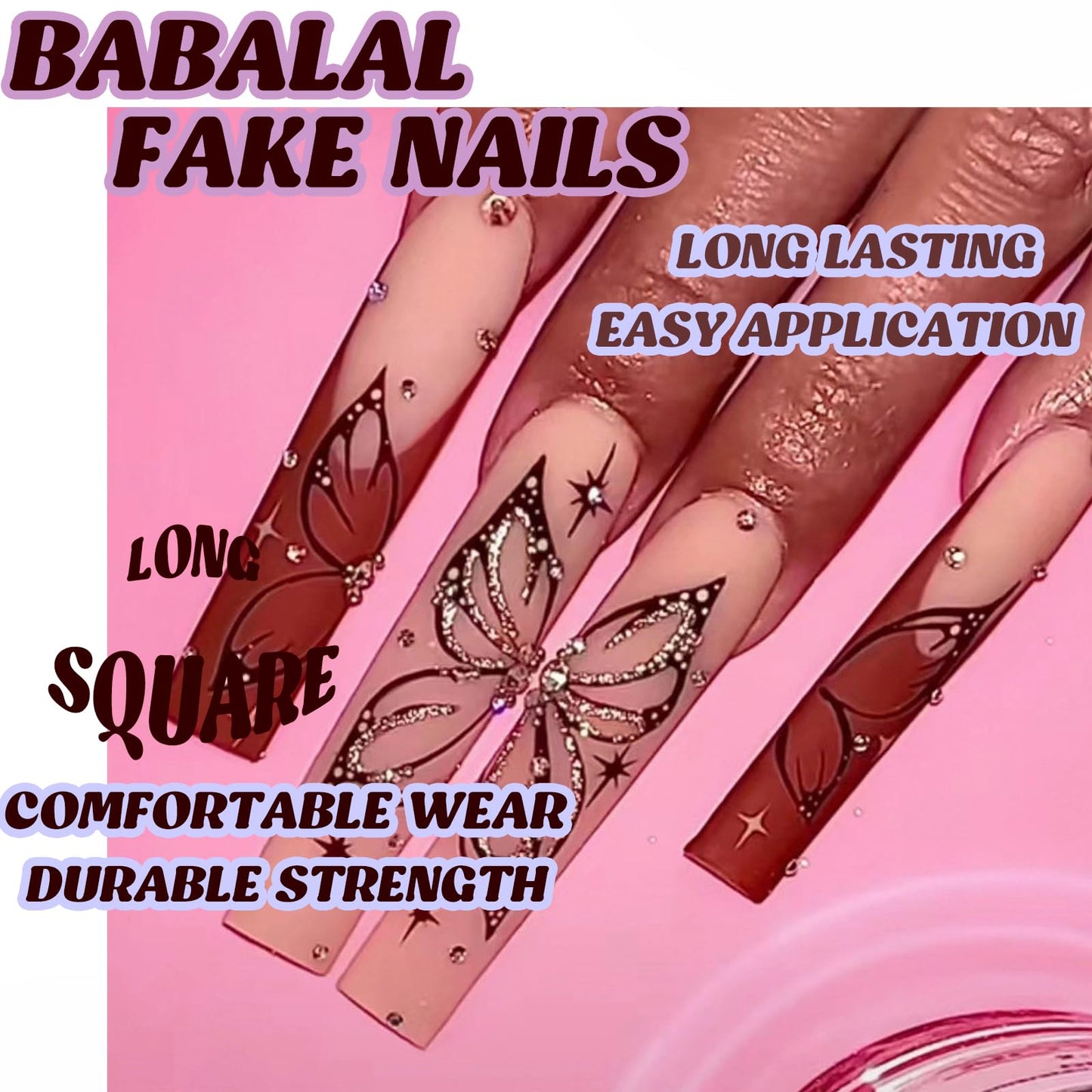 BABALAL French Tip Press on Nails Long Square Fake Nails Brown Glue on Nails Butterfly Design Rhinestone Shiny Y2k Acrylic Nails 24Pcs Squoval Manicure False Nails for Women and Girls