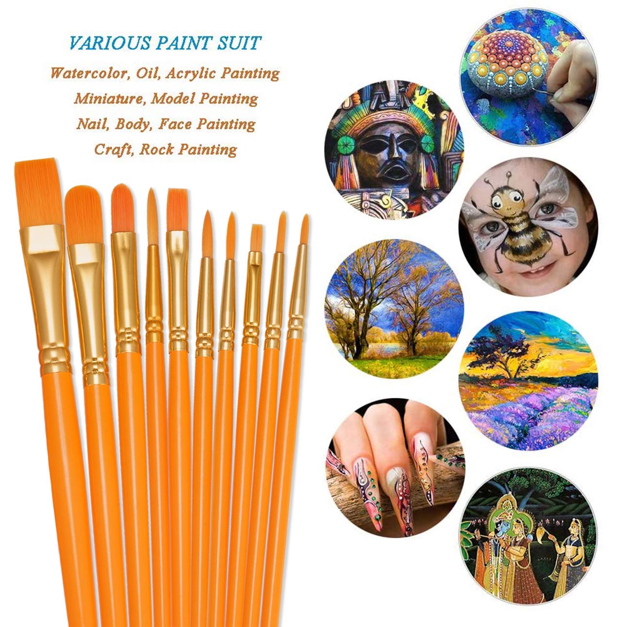 BOSOBO Paint Brushes Set, 10 Pieces Round Pointed Tip Paintbrushes Nylon Hair Artist Acrylic Paint Brushes for Acrylic Oil Watercolor, Face Nail Body Art, Miniature Detailing & Rock Painting, Orange