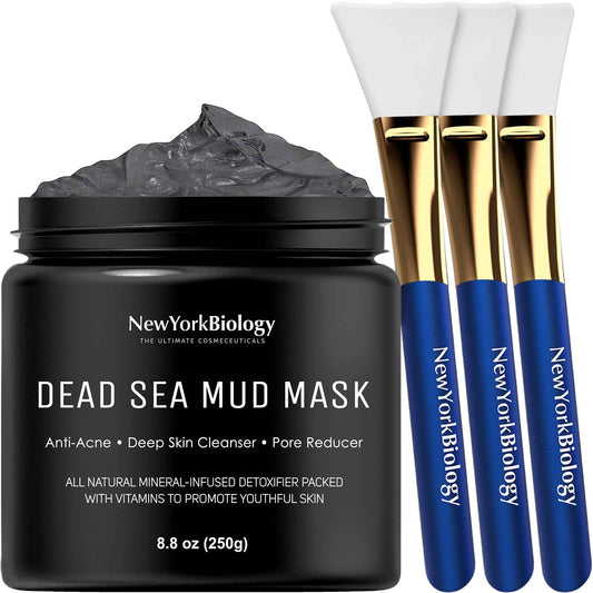 New York Biology Dead Sea Mud Mask for Face and Body 8.8oz with 3 pcs Face Mask Brush Applicators - Spa Quality Pore Reducer for Acne, Blackheads and Oily Skin - Silicone Face Brushes for Mud Masks