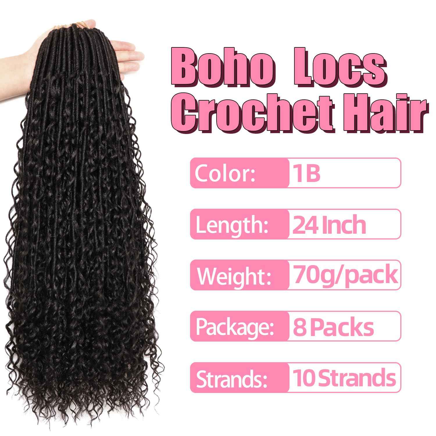 Soft Boho Locs Crochet Hair for Black Women-24 Inch 8 Packs Goddess Faux Locs Crochet Human Hair Feeling Pre Looped with Curly Ends (1B, 24 Inch(Pack of 8))