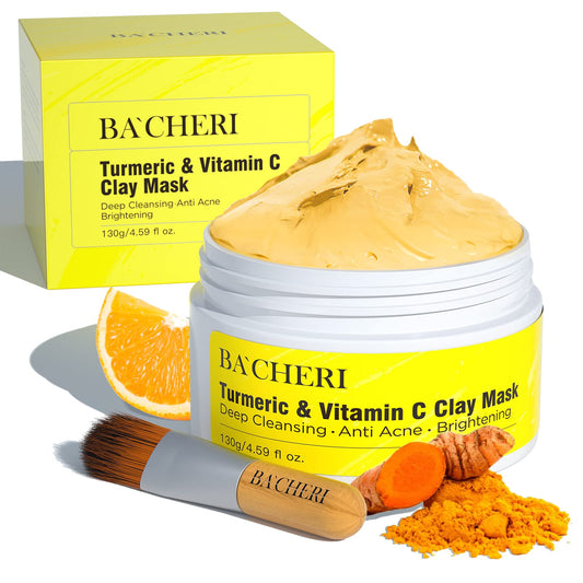 BACHERI Turmeric Vitamin C Clay Mask, Blackheads Acne Dark Spots Remover with Turmeric Extract, Turmeric Clay Mud Mask for Glowing Skin, Refining Pores and Controlling Oil