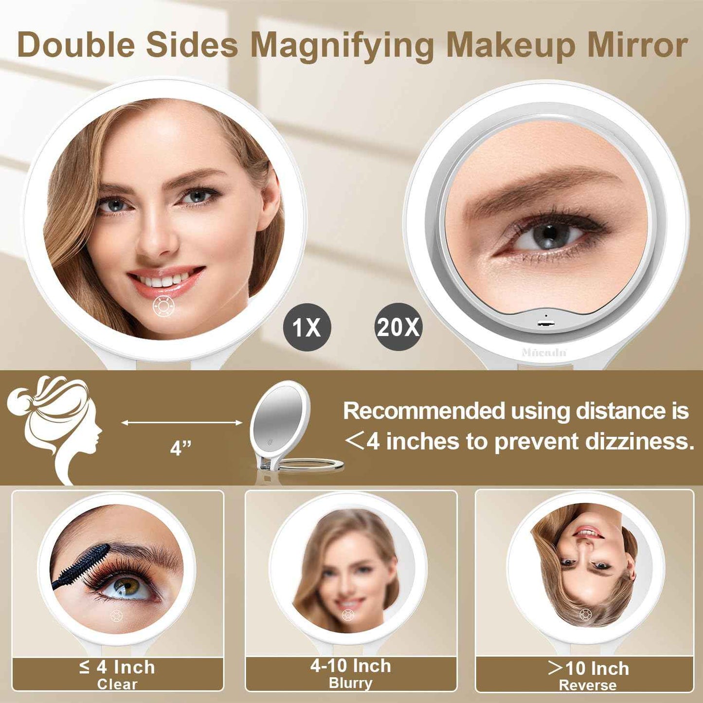 Mocado Travel Makeup Mirror with Light, 1X/20X Magnifying, Double Sided, 3 Color Light, Dimmable Touch, Rechargeable, Tabletop Standing, White