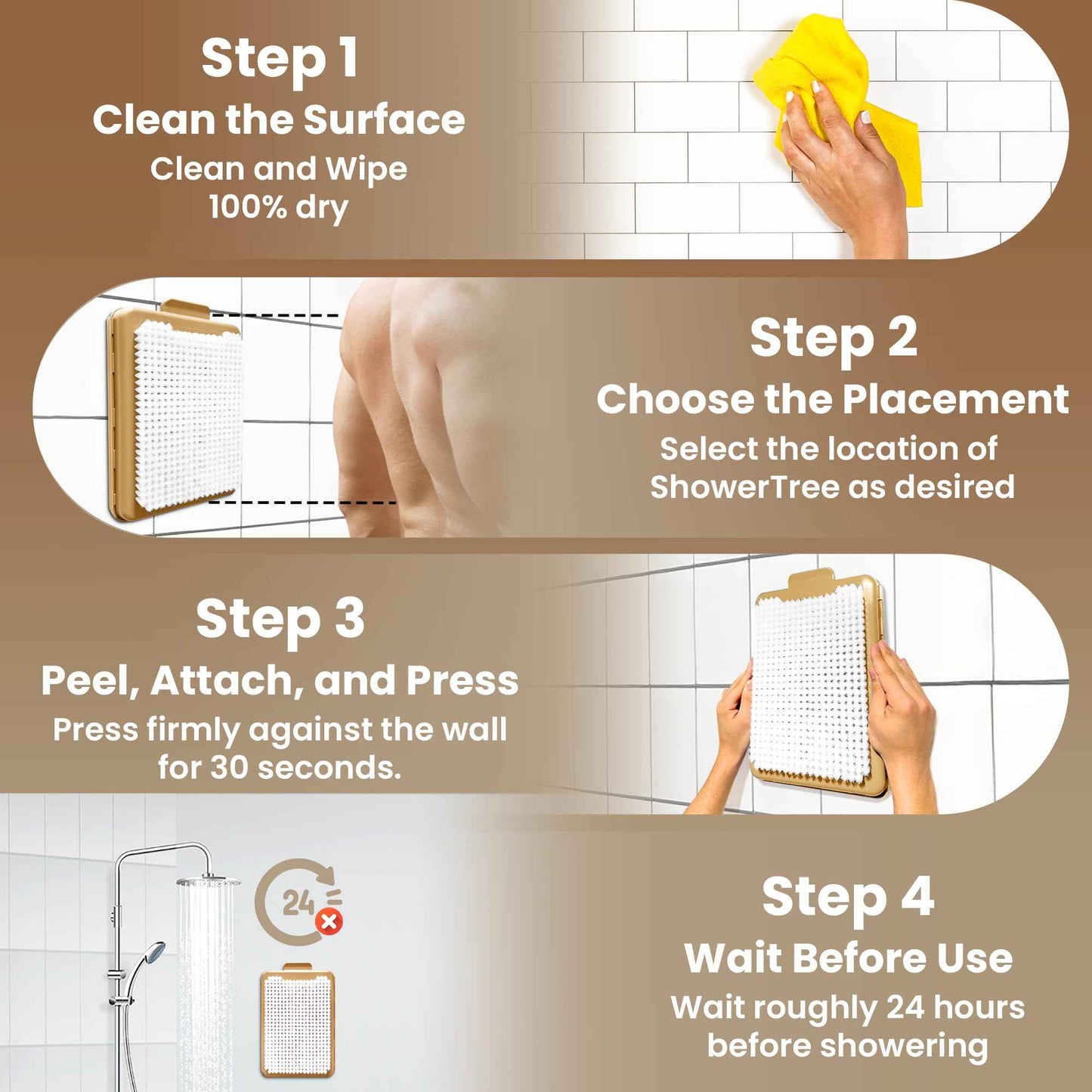 ShowerTree Wall-Mounted Back & Body Shower Scrubber | Replaceable Brush with Exfoliating Bristles for Back & Skin Care (Tan)