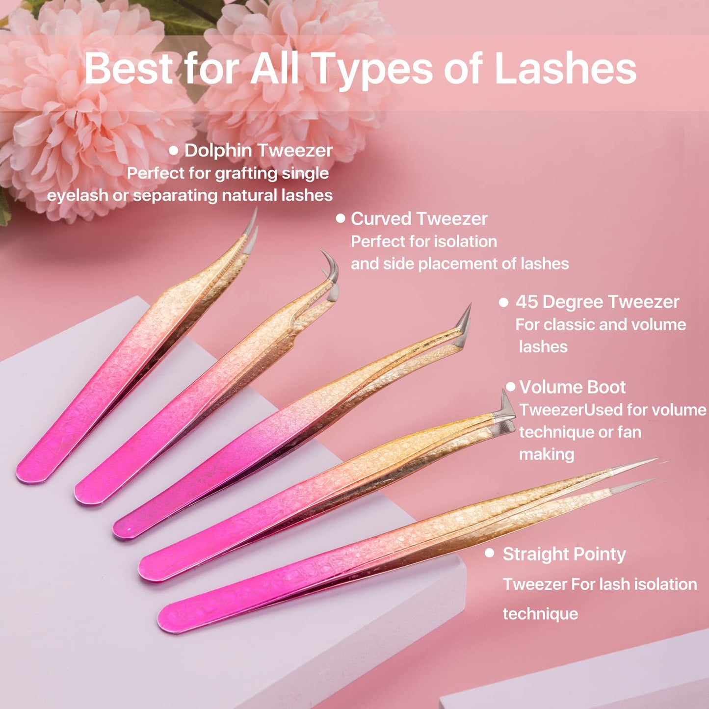 Miuffue 5 PCS Professional Lash Tweezers Set, Stainless Steel Lash Extension Tweezers, Eyelash Extension Tweezers for for Volume, Isolation and Classic Lashes