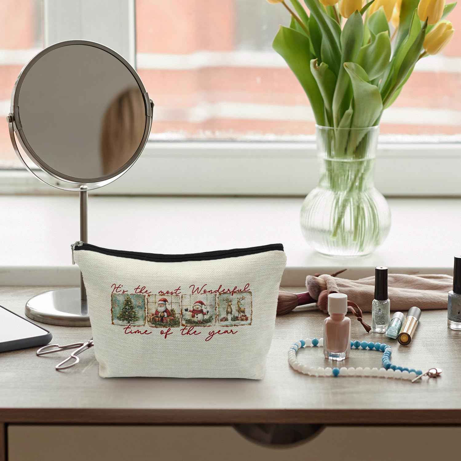 ignytiger Christmas Makeup Bag, Christmas Santa Gifts Cosmetic Bags for Women, Winter Holiday Santa Snowman Reindeer Xmas Tree Canvas Makeup Pounch Zipper Pouches for Purse