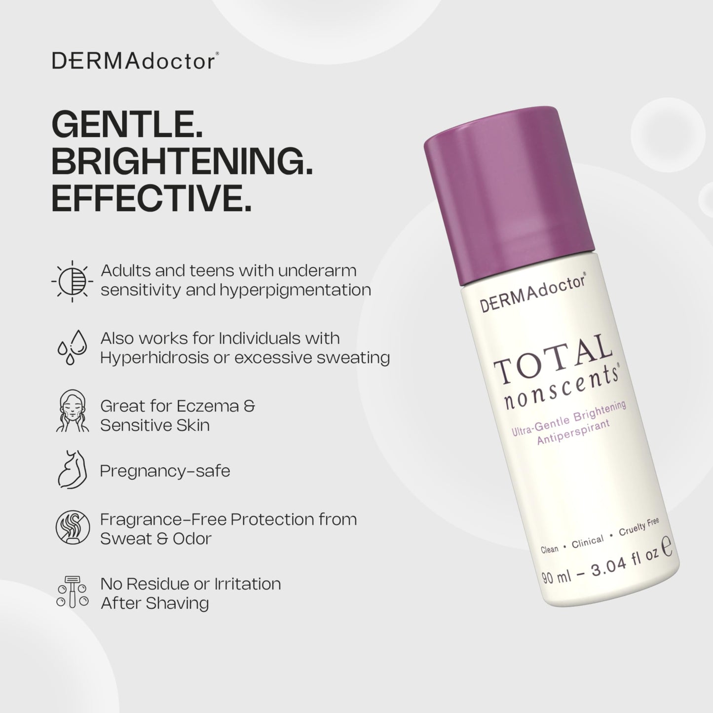 DERMAdoctor Total NonScents Ultra-Gentle Illuminator Antiperspirant Sensitive Skin. Unscented, Clinical Strength Antiperspirant for Men & Women; Hypoallergenic Roll On Deodorant - 3 oz