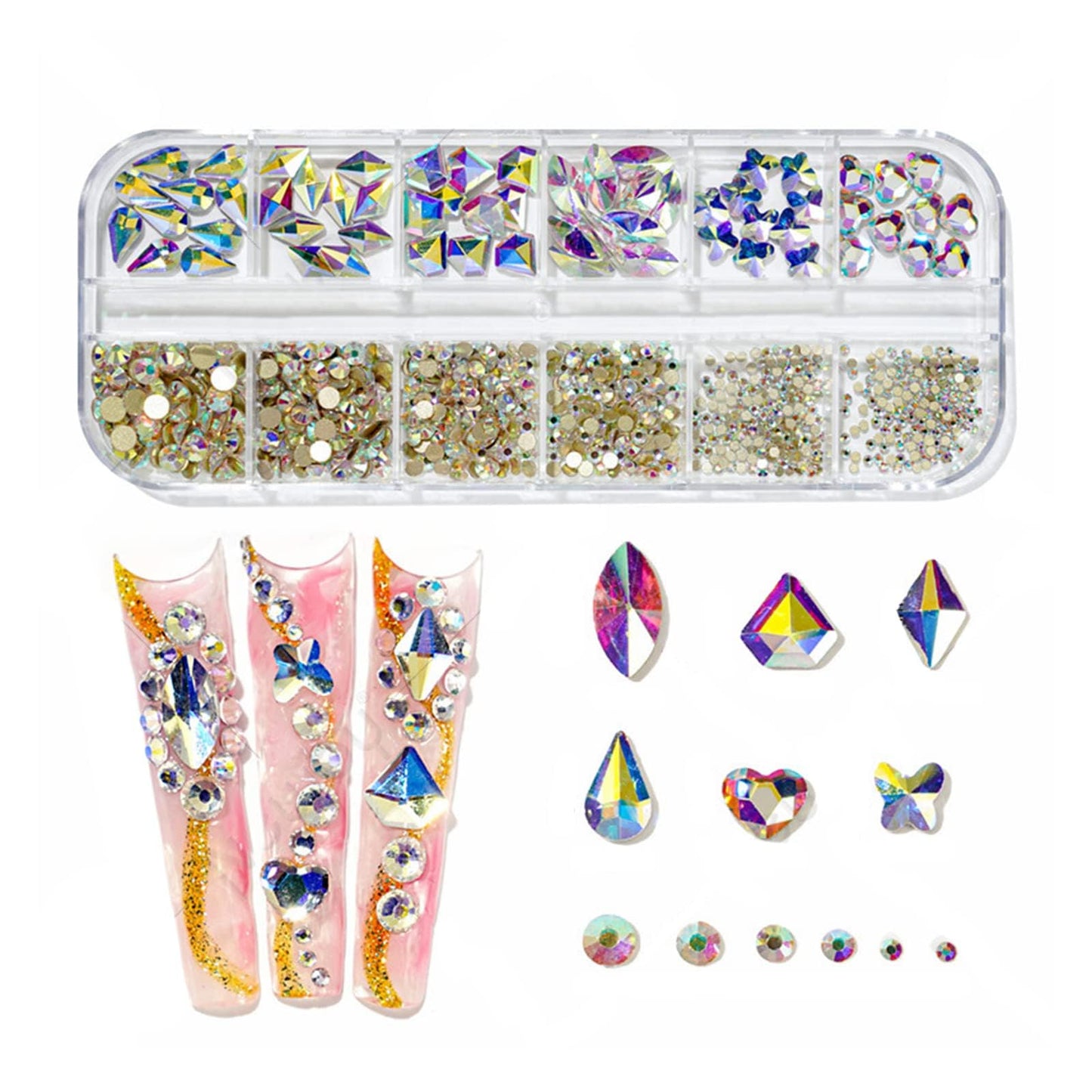 QEZEZA Nail Art Rhinestones Kit, Rhinestone Nail Face Gems, Nail Art Ab Flatback Rhinestones Gems Stones with Storage Organizer Box, (1.5mm - 10mm) 1000PCS 12 Sizes - Dazzling