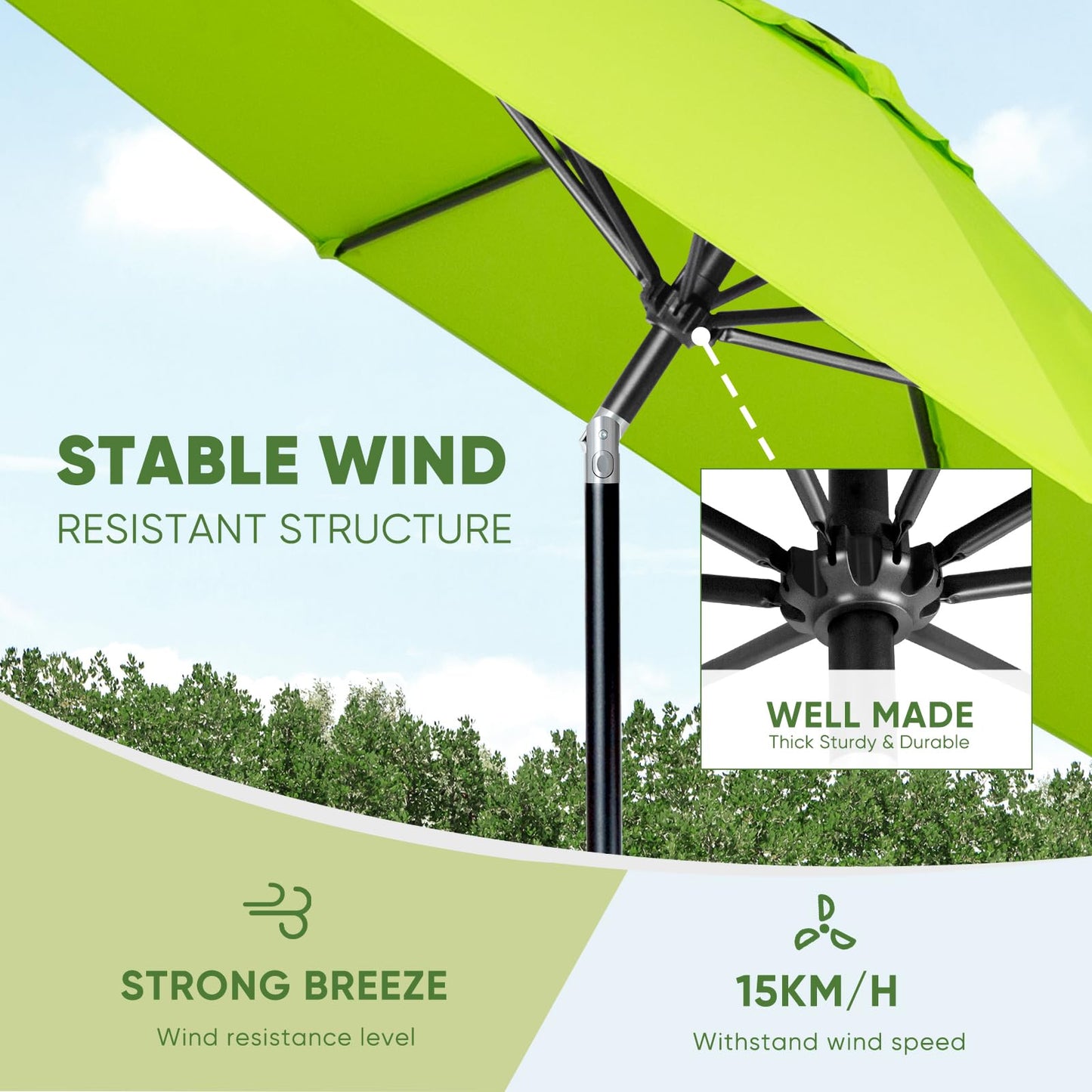 Tempera 9ft Patio Market Outdoor Table Umbrella with Push Button Tilt and Crank,Large Sun Umbrella with Sturdy Pole&Fade resistant canopy,Easy to set, Apple Green