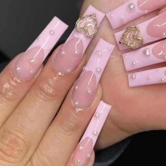 Pink Nails French Tip Press on Nails Long Coffin Fake Nails with Valentines Day Designs Heart Pink Nail Tips Pearl Full Cover Acrylic Pink False Nails Square Medium Glue on Nails for Women Girls 24Pcs