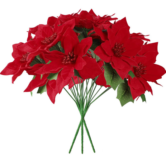 Cekene Christmas Artificial Poinsettia Flowers Decorations, 6 Pack Fake Flowers with Stem Flannel Artificial Red Bouquets Vase Decoration Flowers for Home Wedding Party Table