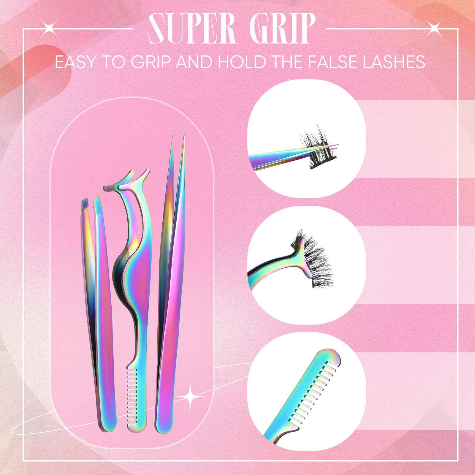 Baderke 5 Pcs Lash Applicator Tool Set Lash Tweezers for DIY Individual Lash Clusters Application and Removal Straight and Curved Eyelash Extension Tweezers with Storage Box and Eyebrush(Colorful)