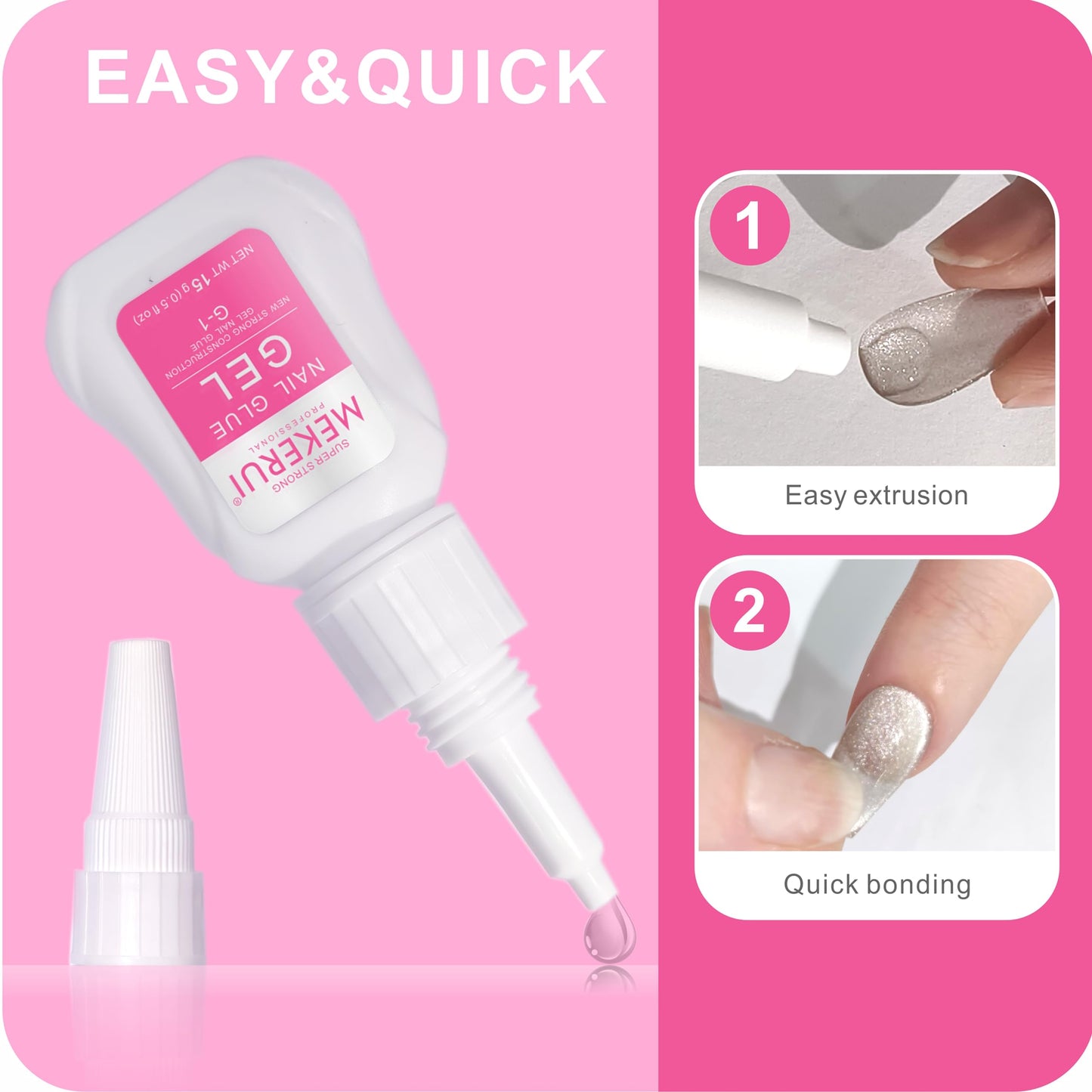 （2 Bottles）Mekerui Super Strong Nail Glue Gel for Press on Nails,Drip and Clog Proof,7S Quickly Dry Without UV Light,Long-Lasting 30+Days,Waterproof Beauty Secret Professional Salon Quality