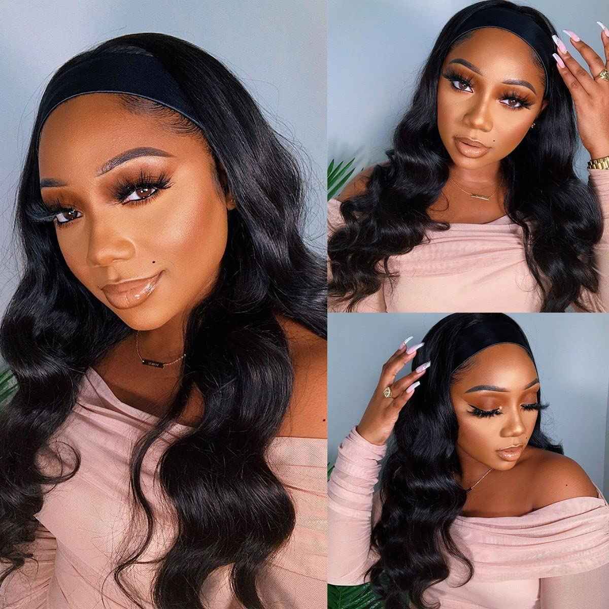 feibin Headband Wig Human Hair Wigs for Black Women Human Hair Headband Wig Body Wave 12 Inch Wear and Go Wigs Glueless Human Hair Wig Machine Made None Lace Front Wig Natural Color 150% Density