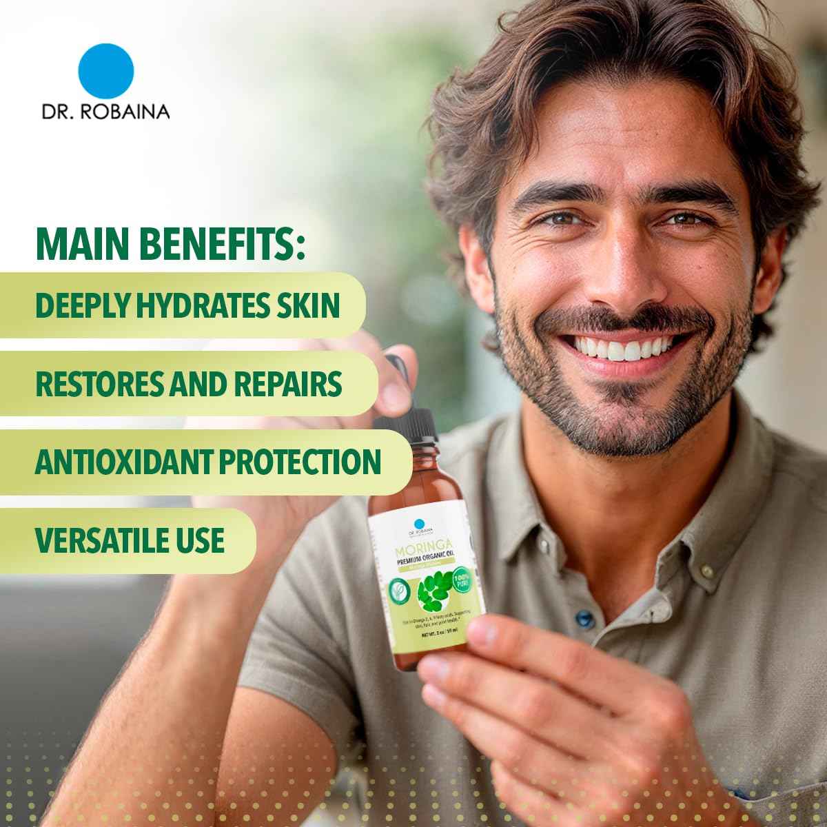 Dr. Robaina 100% Pure Organic Moringa Seed Oil – Cold-Pressed, Unrefined & Hexane-Free Face, Hair & Nail Moisturizer – Fast-Absorbing Non-Greasy Hydration – 2 fl oz Dropper Bottle – Made in USA