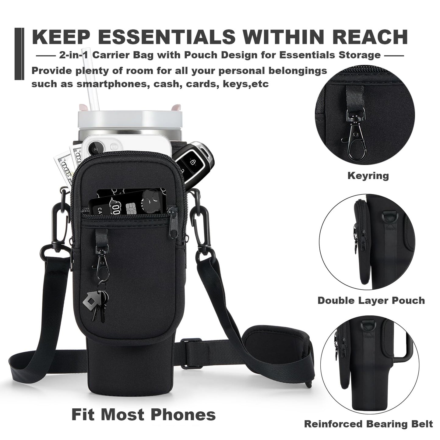 BULKITEM 30oz Water Bottle Carrier Bag with Phone Pocket for Black Stanley 30 oz Tumbler with Handle, Black Insulated Neoprene Cup Holder Pouch Strap for Valentines Stanley Cup Accessories