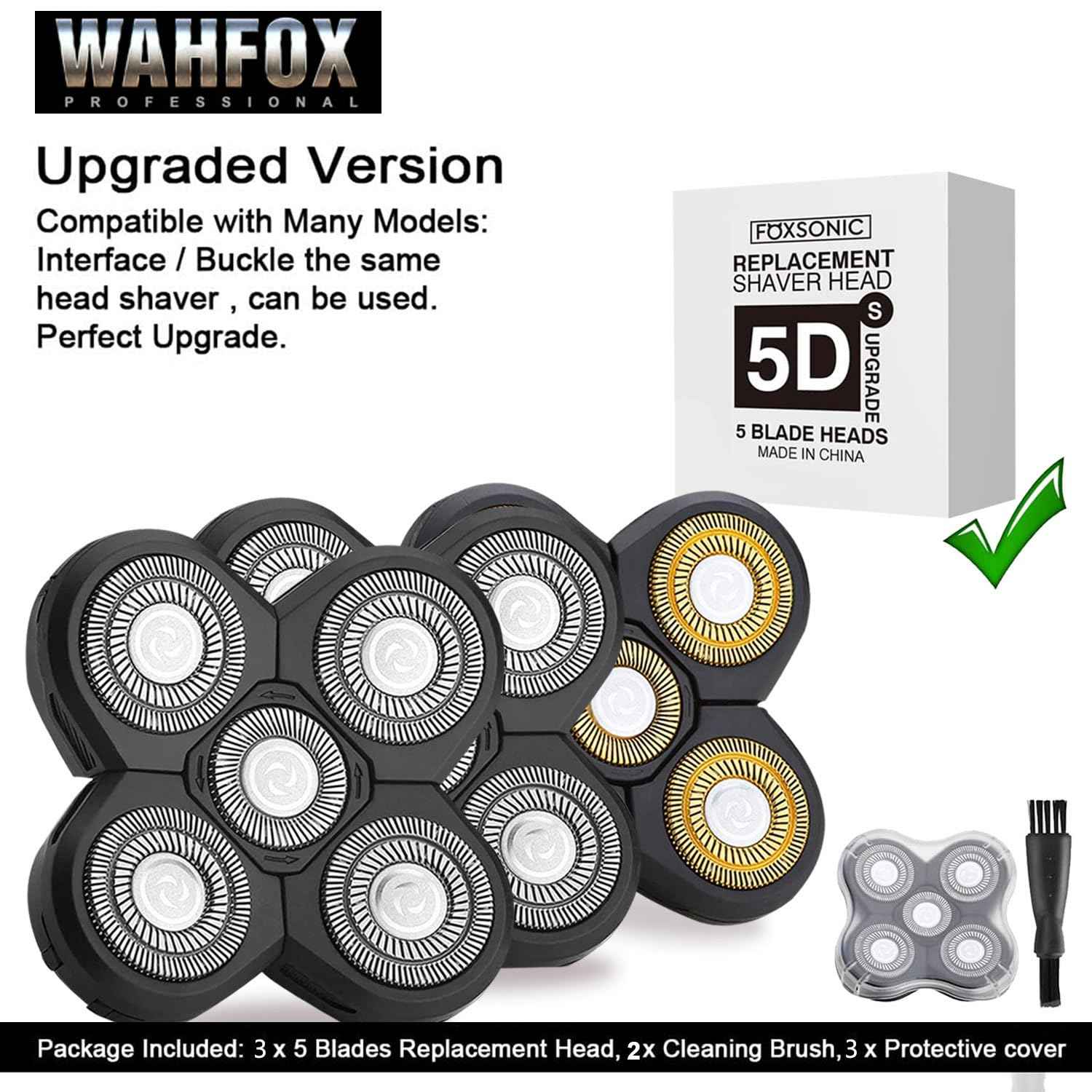 WAHFOX Universal 3 Pcs 5 Blades Shaver Heads for Head shaver and Other Brands Head Shaver, Black+gold