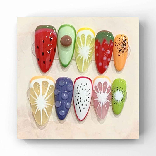 Wsliana Handmade Press On Nails - Medium Almond False Nail Tips, 3D Fruit Design, 10pcs Reusable Glue On Acrylic Fake Nails, Long-Lasting, Easy Fit | Fashionable Nail Kit | Natural Look (076, M)