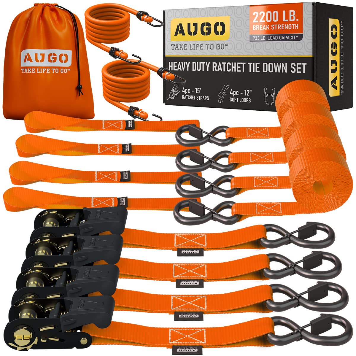 AUGO Ratchet Straps Heavy Duty 4 Pack -15 FT - 2200 LB Break Strength – Ratchet Tie Down Straps with Safety Lock S Hooks - Cargo Straps for Moving, Appliances, Motorcycle – Soft Loop Tie Down Straps