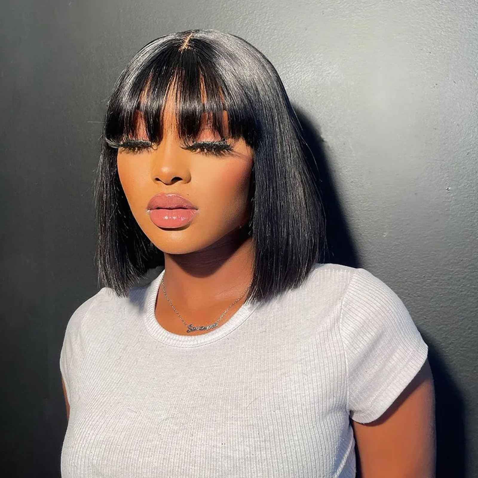 Lusina Bob Wig Human Hair with Bangs Glueless 2x4 HD Lace Colsure Wigs Human, Ready to Go Short Wigs For Women Beginner Friendly (Black, 12 Inch)