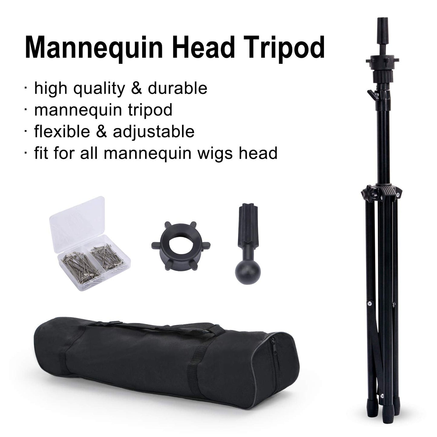 Klvied Reinforced Wig Stand Tripod Mannequin Head Stand, Adjustable Holder for Cosmetology Hairdressing Training with T-with Caps, T-Pins, Comb, Hair Clip, Carrying Bag