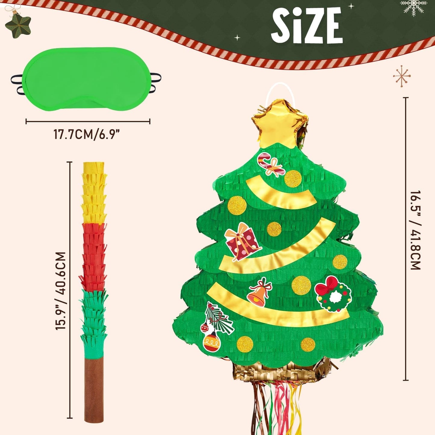 WERNNSAI Christmas Tree Piñata - Christmas Pull String Piñata for Kids Christmas Tree Piñata with Blindfold and Bat for Xmas Christmas Bday Party Supplies Christmas Games Christmas Gifts 16.5” x 12.4”