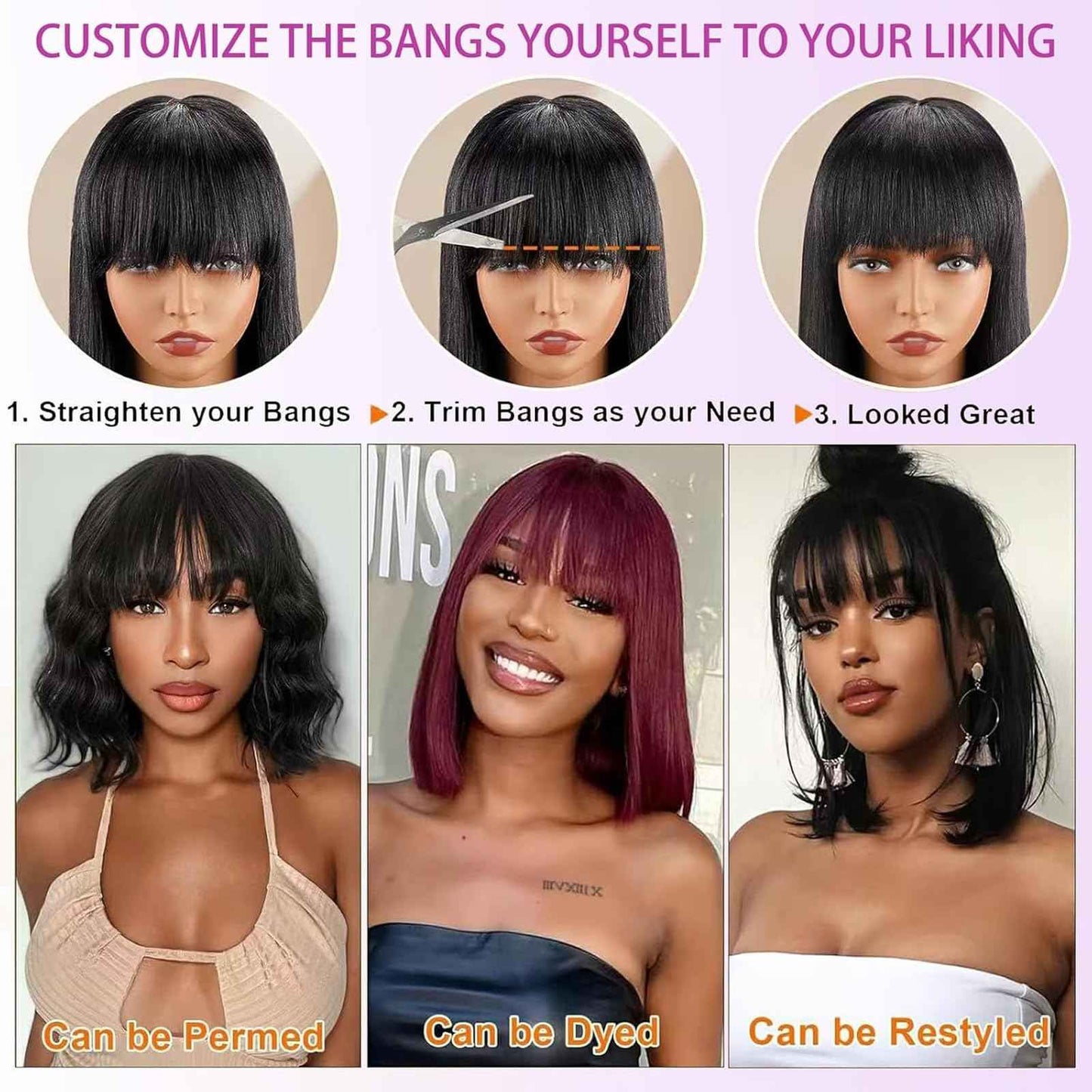 Lusina Bob Wig Human Hair with Bangs Glueless 2x4 HD Lace Colsure Wigs Human, Ready to Go Short Wigs For Women Beginner Friendly (Black, 12 Inch)