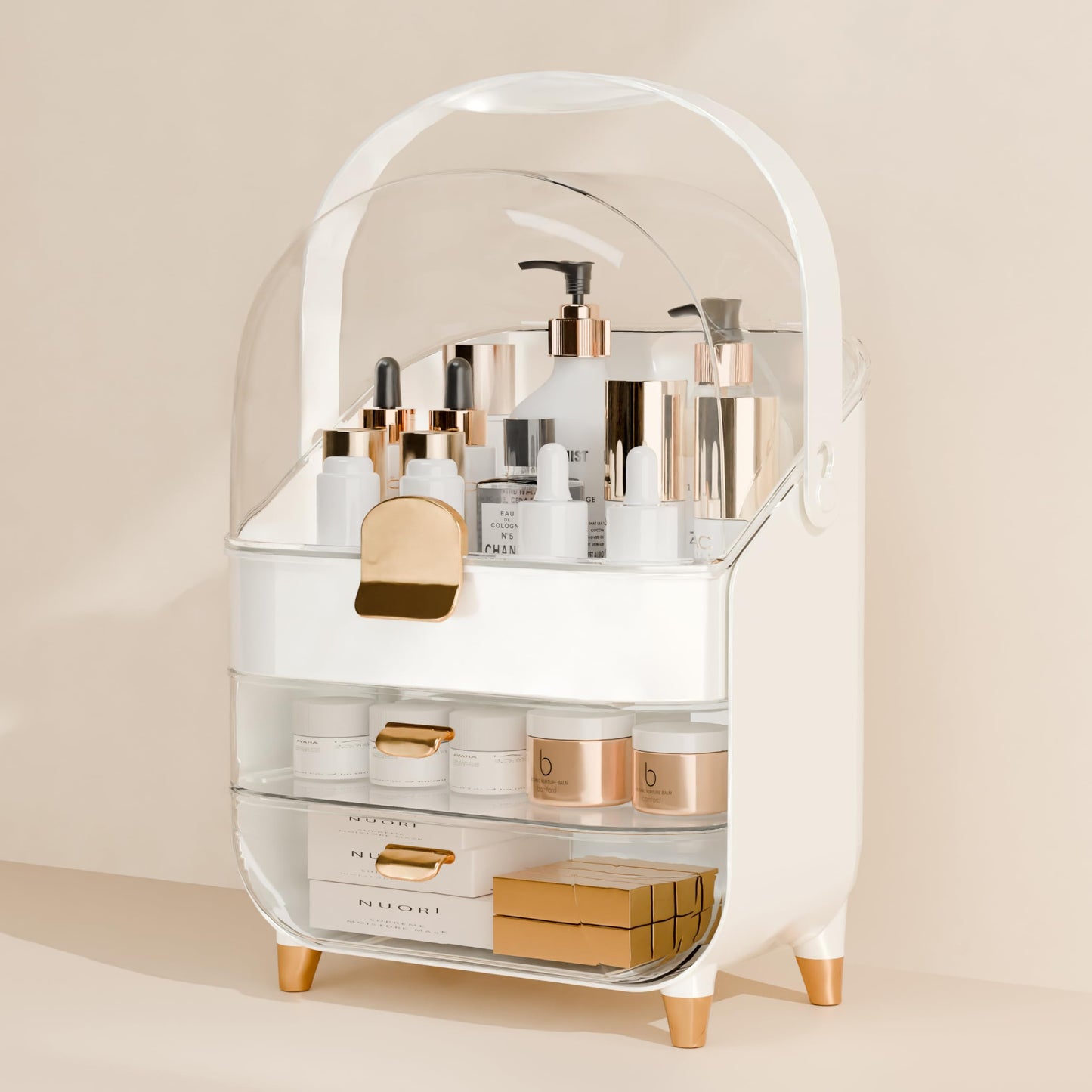 Makeup Organizer Countertop With Lid And Drawers Large Skin Care Cosmetic Display Case Holder for Vanity Desk Bathroom Storage Box,White