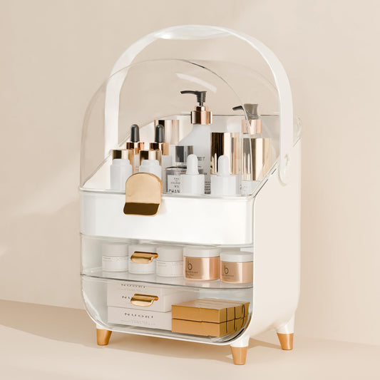 Makeup Organizer Countertop With Lid And Drawers Large Skin Care Cosmetic Display Case Holder for Vanity Desk Bathroom Storage Box,White