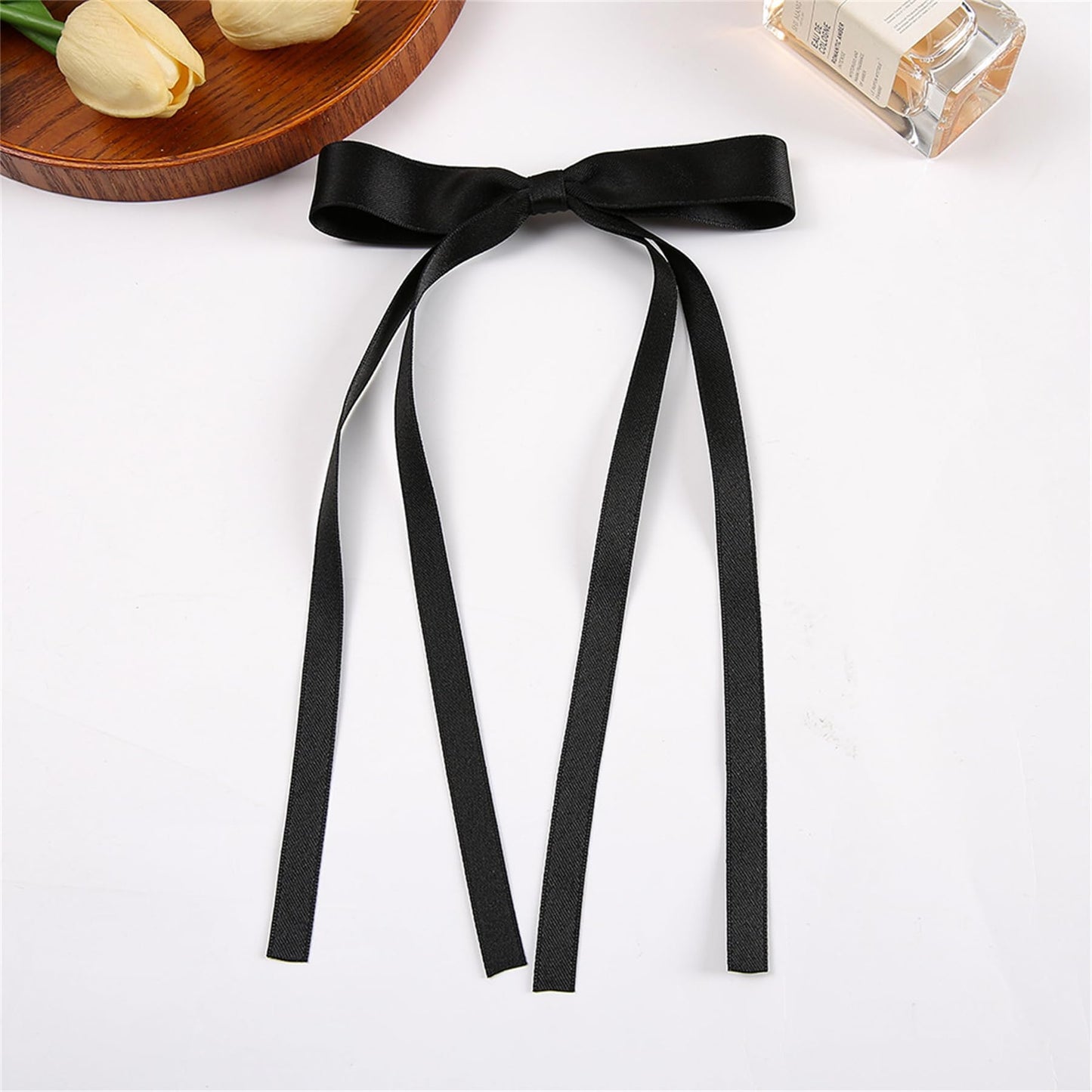 4Pcs Hair Accessories with Long Tassels: Bowknot Ponytail Holders for Women, Girls, Toddlers, Teens, Kids (Black + Beige)