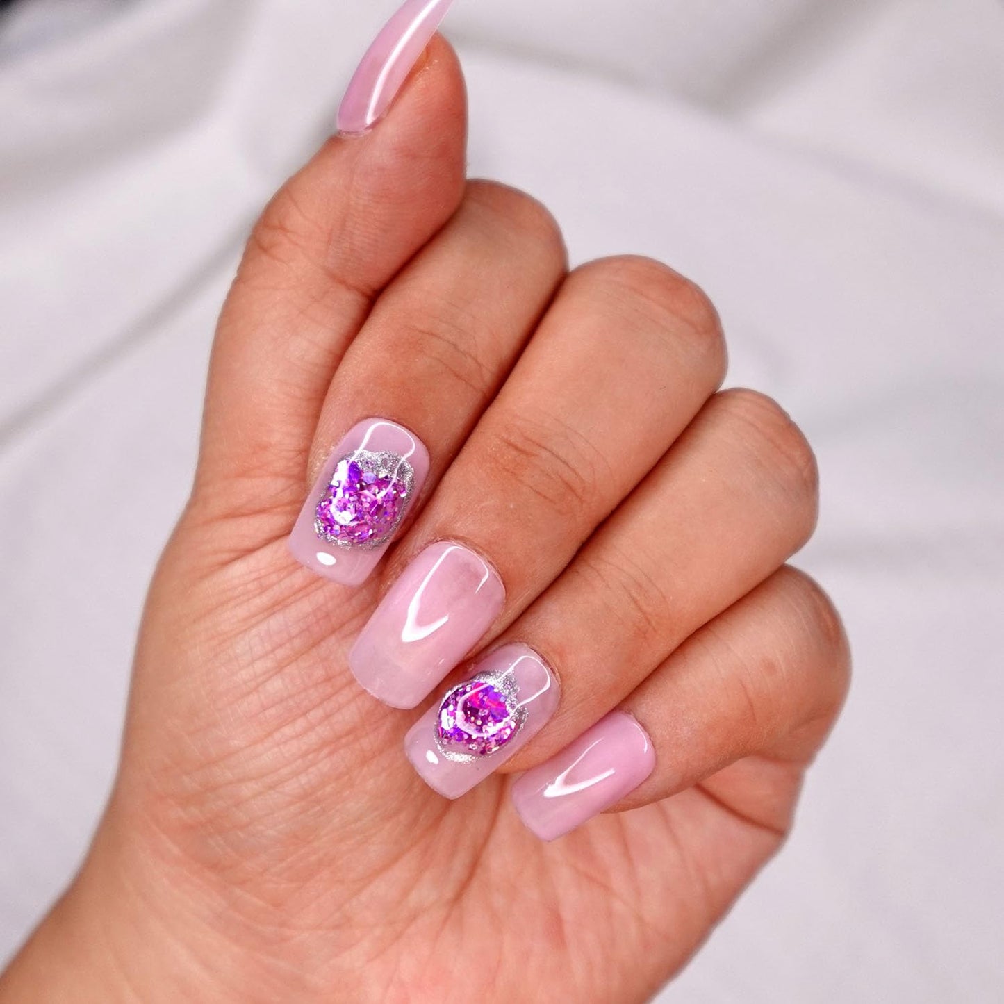 10 Pcs Handmade Press on Nails (Small, Pink Lake - Jelly Pink with Light Purple Gem Design/Short Square) A122S