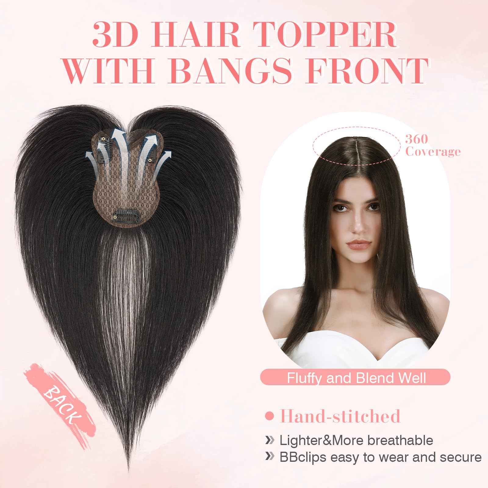 S-noilite Hair Toppers for Women Real Human Hair,Upgrade Base 360 3D Clip in Toppers for Women with Side Bangs HairPieces Clip on Bangs(Natural Black,11inch)