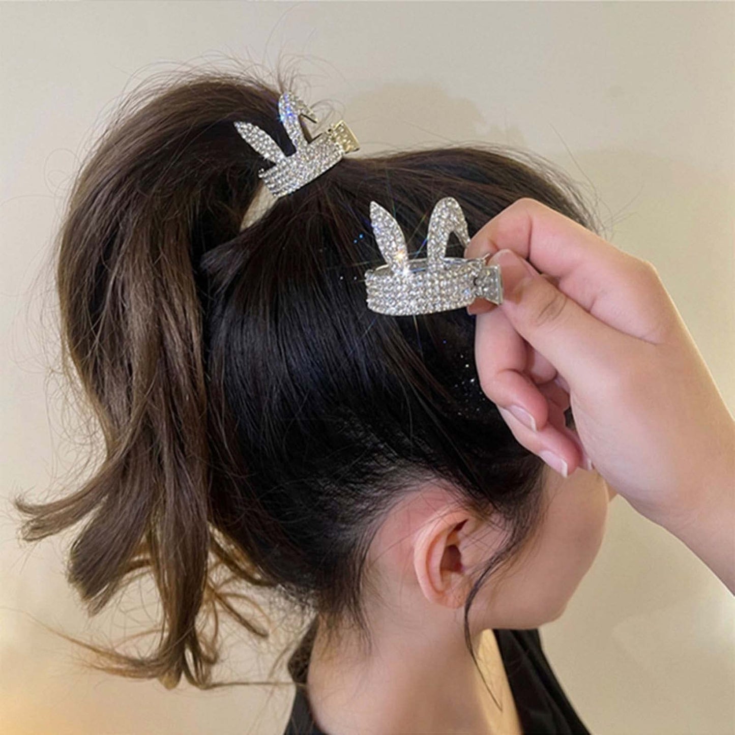 Iaceble Crystal Rabbit Hair Cuff Silver Rhinestone Hair Barrettes Metal Cz Hair Claw Barrette Sparkly RhinestonePonytail Holder Hair Clip Decorative Hair Accessories for Women and Girls Headdress