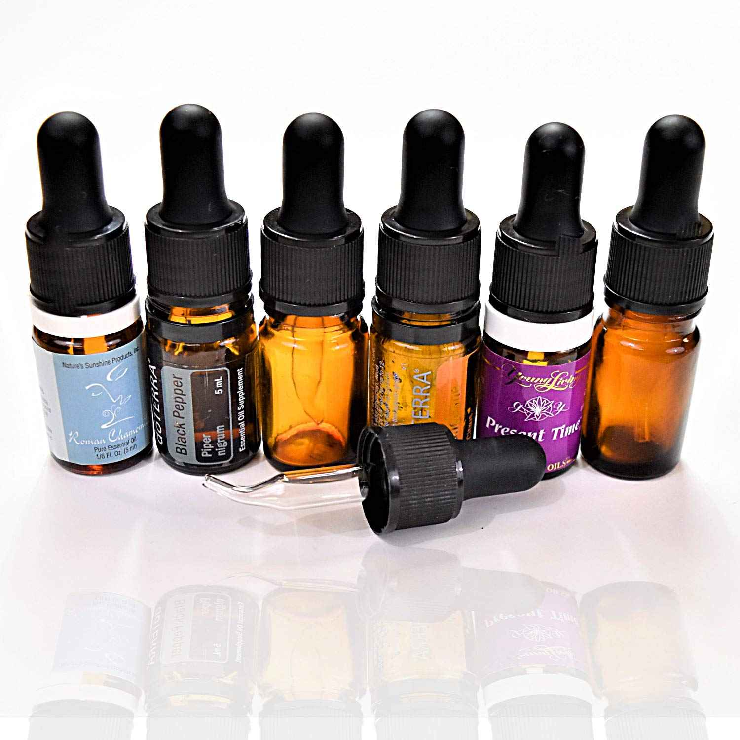 Small Essential Oil Dropper Tops – 6‑Pack Bent Glass & Rubber Bulbs – Fits 5ml Bottles (Boston Round 18/415) – Leak-Proof & Reusable – Great for Thicker Oils & DIY Blends