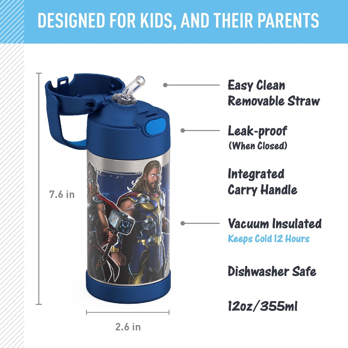 THERMOS FUNTAINER 12 Ounce Stainless Steel Vacuum Insulated Kids Straw Bottle, Thor