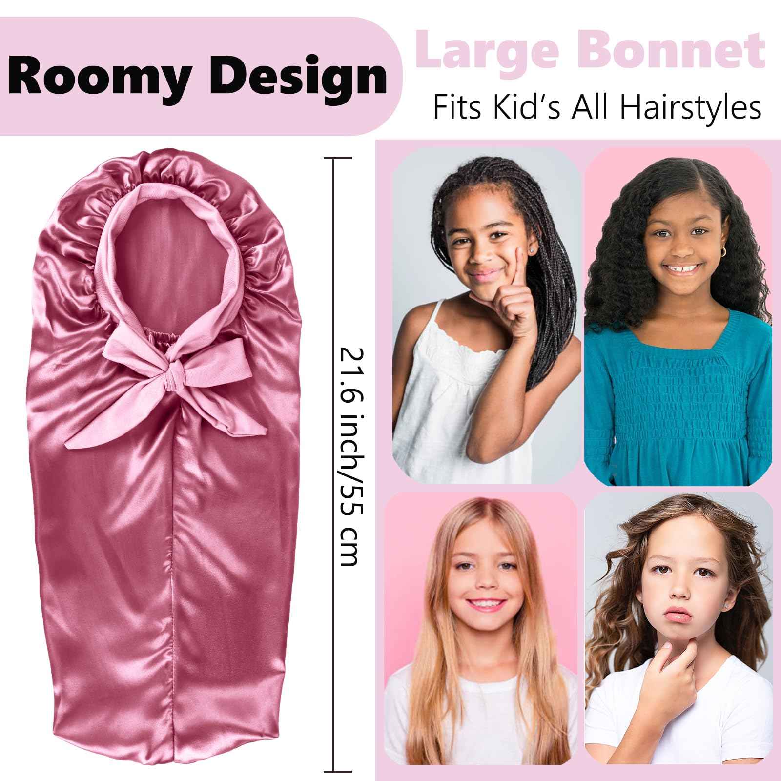 Long Kids Bonnets for Girls,Silk Bonnet for Kid Sleeping,Sleep Cap for Braids Long Hair Curly Hair Rose Gold