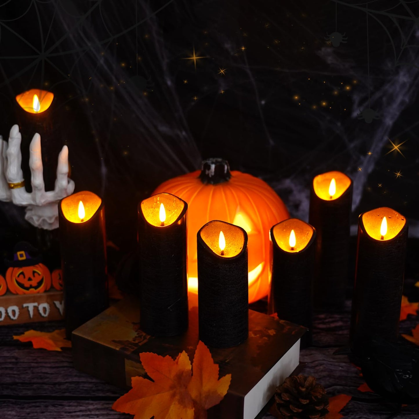 Eebuss Black Set of 9 Flameless Candle Real Wax Halloween Candles Battery Operated LED Pillar with Remote Control Timer Ideal for Home Decor（D 2"*H 5" 5" 5" 6" 6" 6" 7" 7" 7"）