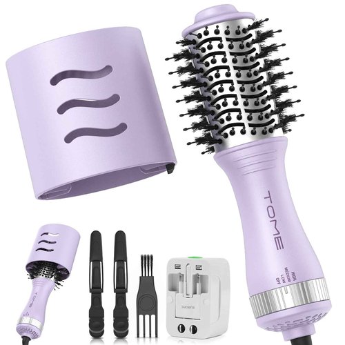 Travel Hair Dryer Brush, Dual Voltage Blow Dryer Brush, Mini Hot Air Portable 2 inch Travel Hair Dryer Styler Volumizer Oval Shape (Purple)