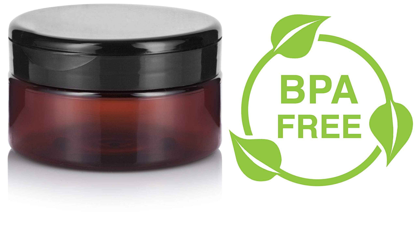 (6 Pack) 8 oz Amber Plastic Low Profile Jar with Wide Mouth Black Flip Top