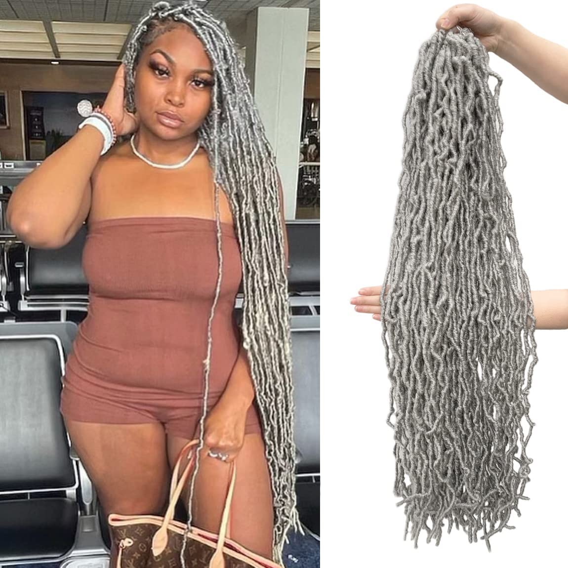 Grey Faux Soft Locs 36 Inch 2 Packs Gray Color Crochet Locs Hair Whole Strand No Extended Pre-looped Long Locs Synthetic Crochet Braids Hair Extensions For Black Women (36inch, 2packs, Grey)