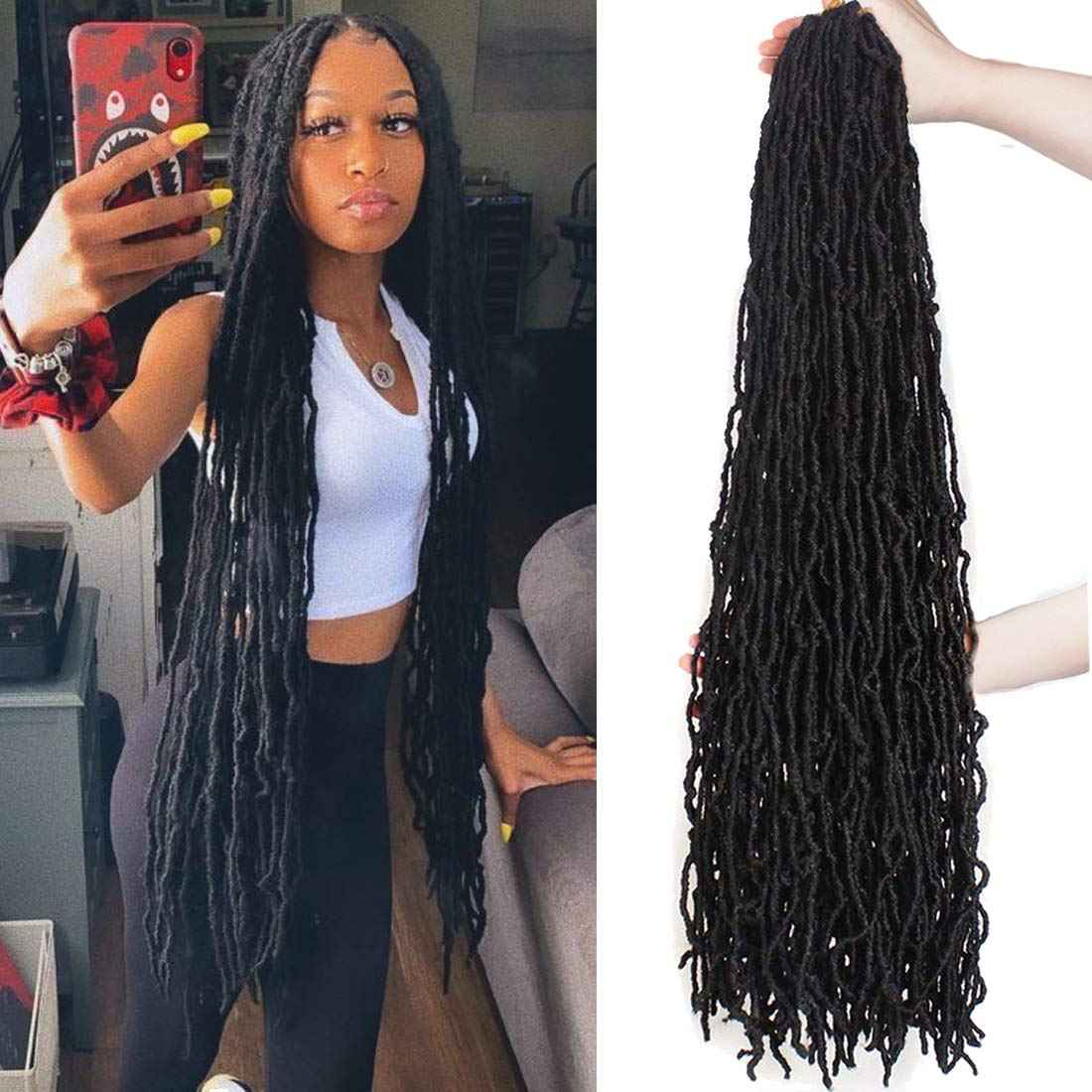 30inch Soft New Faux Locs Colorful Long Goddess Locs Crochet Hair Natural Pre Looped Natural Crochet Braid Curly Wave Braiding Hair… (30 Inch #1B 7Packs)