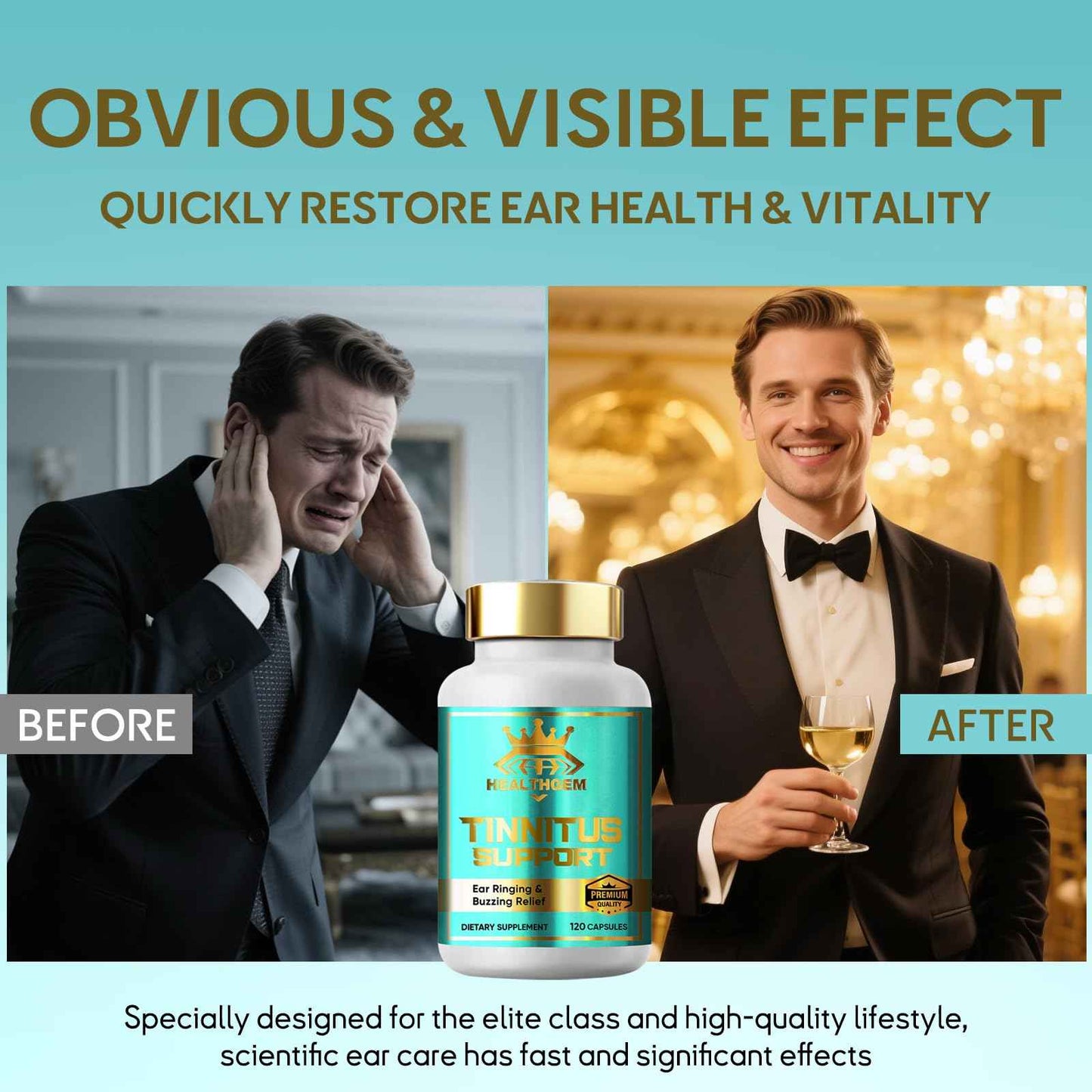 HEALTHGEM Tinnitus Relief for Ringing Ears,120 Capsules Tinnitus Relief Supplement, Natural & Effectively Relieve Earache & Reduce Ear Noise for Men & Women | 60-Day Supply