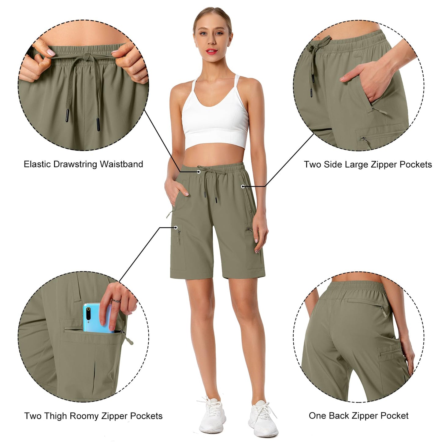 Women's Lightweight Hiking Cargo Shorts Quick Dry Athletic Shorts for Camping Travel Golf with Zipper Pockets Water Resistant Slate Green